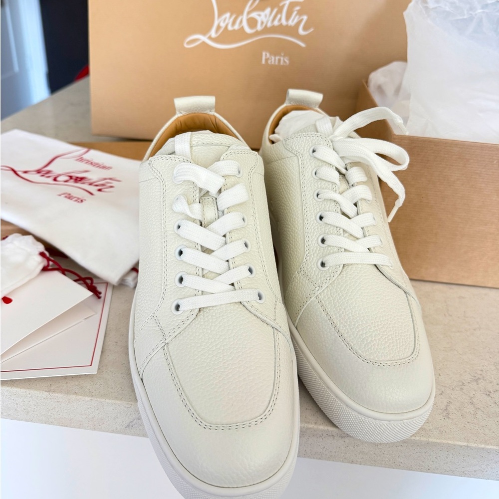 Christian Louboutin Rantulow Flat Sneakers – White Grained Calfskin, Size 41.5